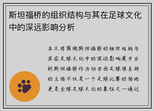 斯坦福桥的组织结构与其在足球文化中的深远影响分析