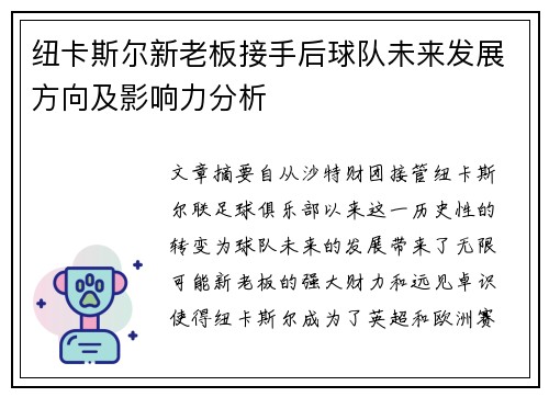 纽卡斯尔新老板接手后球队未来发展方向及影响力分析